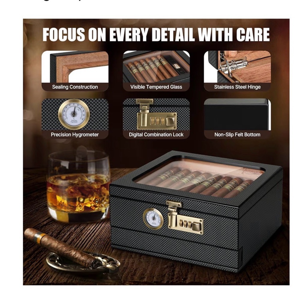 Cigar Humidor Set with Accessories – Glass Top Storage Box - Picture 4 of 5